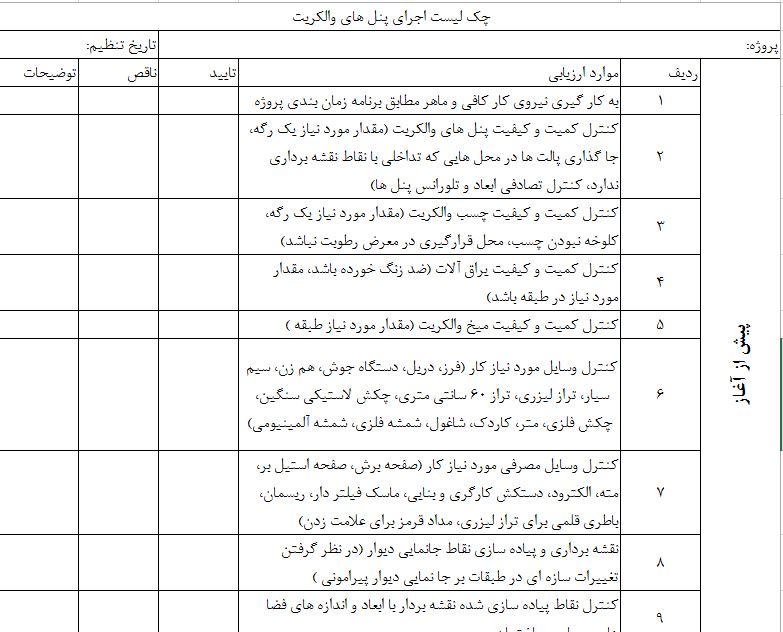 چک لیست اجرایی دیوار والکریت